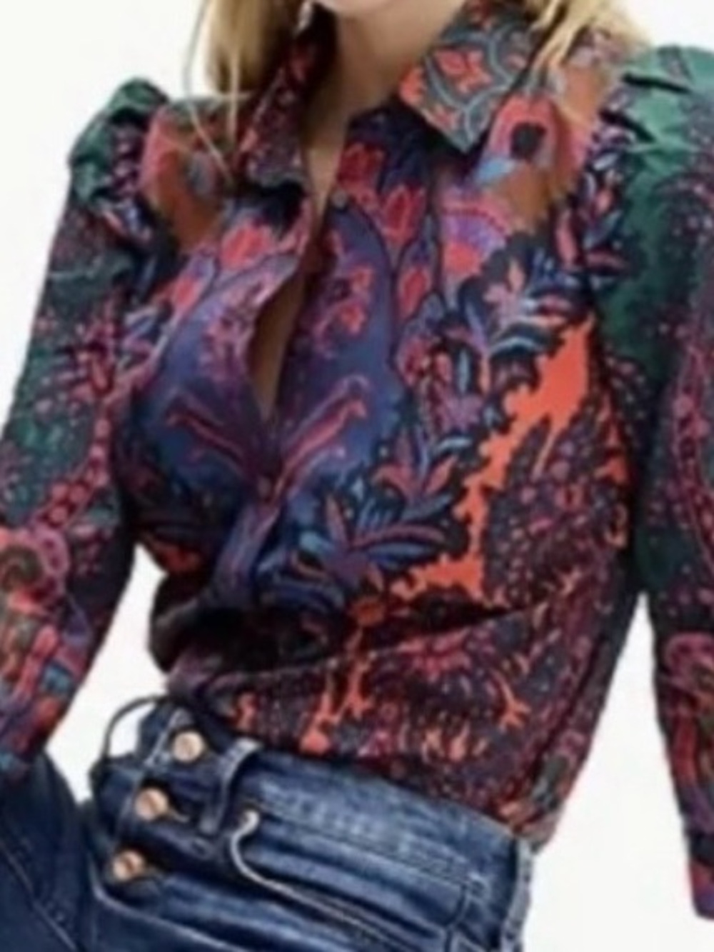 J.Crew Puff-Sleeve Ratti Scarf Paisley Button Shirt